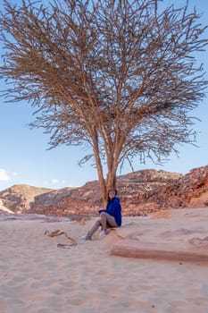 A visitor relaxes beneath a large tree in Tsvetnoy Canyon, Egypt, enjoying the serene desert landscape and stunning rock formations.
