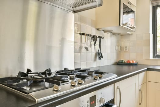 A stylish kitchen featuring advanced appliances, a modern gas stove, and contemporary cabinetry, emphasizing functional elegance in home cooking.