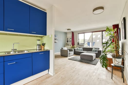 A stylish modern kitchen with blue cabinets and a cozy living room space featuring a gray sofa and green plants, creating a welcoming ambiance.