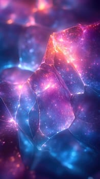 An abstract background showcases a blend of bright blue and purple tones.