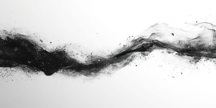 This abstract background features flowing lines and ink splashes in monochrome black and white. The minimalist composition highlights artistic details, creating a modern and elegant aesthetic.