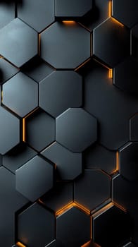Complex hexagonal shapes create an intricate pattern on a sleek black matte surface. The design features ultra-detailed texture and subtle lighting that enhances its modern, professional appearance.