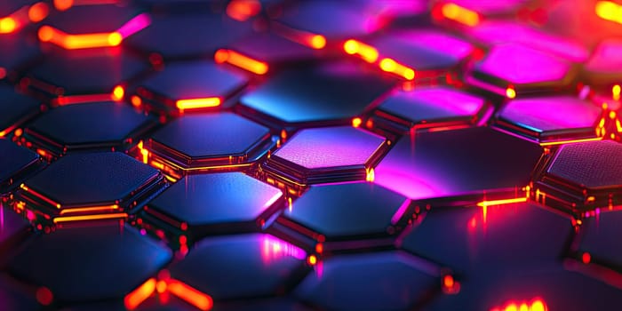 A rich abstract background features a captivating hexagonal pattern illuminated by futuristic holographic colors. Iridescent reflections create a high-tech elegance that enhances its modern aesthetic.