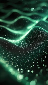 Futuristic background showcases sharp abstract lines with a digital matrix effect. The dark green and black colors create a high-tech aesthetic, evoking a cybernetic atmosphere filled with depth.