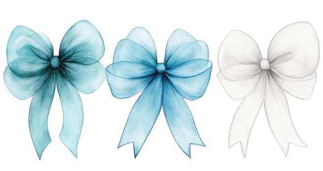 This collection showcases three elegant bows with flowing ribbons in shades of blue and white. Perfect for adding a decorative touch to crafts or design projects.