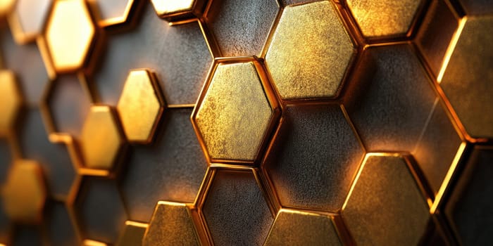A sophisticated background featuring a hexagonal pattern in golden metallic finish. The design showcases smooth gradients and soft reflections, perfect for upscale projects and presentations.