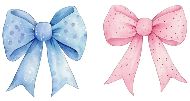 Two elegant bows displayed side by side, one in soft blue with speckles and the other in light pink with polka dots. Perfect for decorating gifts, parties, or crafts, these bows add a charming touch.
