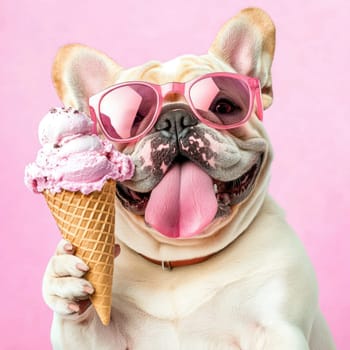 An English Bulldog holds an ice cream cone while sporting trendy sunglasses, showcasing a relaxed and confident demeanor. This minimalist portrayal captures the fun and playful nature of the breed.
