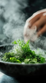 A stunning dish features a hybrid mix of greens and seaweed artistically arranged in a sleek bowl. Mist swirls around, enhanced by a molecular garnish, showcasing experimental fine dining.
