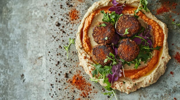A modern rustic arrangement highlights a plant-based protein spread with creamy hummus, crispy falafel, and fresh microgreens, artfully presented on a concrete surface with spices scattered around.