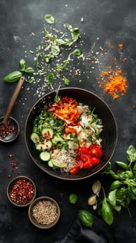 Ingredients actively fly as plant-based bowls are prepared, showcasing a burst of colors and textures.