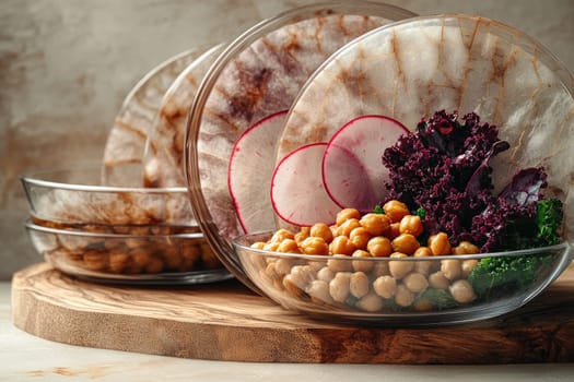 Colorful layered salads showcase vibrant purple kale, crispy watermelon radish, and roasted chickpeas in clear glass bowls.