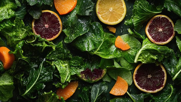 Lively greens are enhanced by slices of citrus fruits, all adorned with dewdrops. The deep green backdrop emphasizes the intimate details, highlighting the rich textures and seasonal abundance.