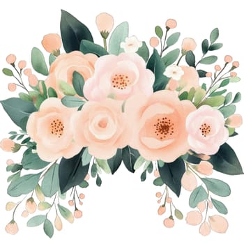 Soft, delicate flowers with pastel hues create a charming bouquet. Green leaves and small buds complement the floral arrangement, perfect for weddings or celebrations.