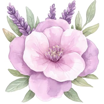 A stunning floral arrangement featuring delicate pastel pink flowers complemented by lavender sprigs and lush green leaves. This vibrant composition highlights nature's beauty and elegance.