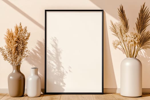 A large blank poster is elegantly leaning against a beige wall on a wooden floor.