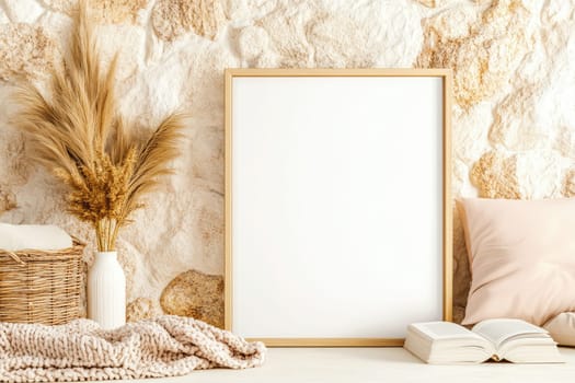 A large white poster in a wooden frame is leaning against a textured stone wall. Nearby, a reading nook features a knitted blanket, soft lighting, and decorative elements for added comfort.