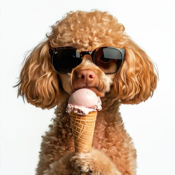 A fashionable poodle poses confidently while holding an ice cream cone. This charming canine captures attention with its chic sunglasses and sophisticated demeanor against a clean white backdrop.