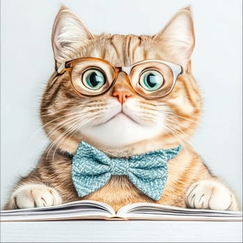 A full-length portrait of a stylish cat wearing glasses and a bow tie. The cat sits at a desk with an intelligent look, isolated against a white background in a minimalistic style.