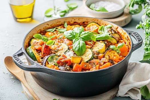 A Dutch oven holds a colorful vegetable stew with golden zucchini, roasted eggplant, and bell peppers in glossy tomato sauce. Fresh basil adds brightness, perfect for a cozy meal.