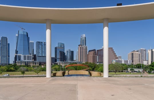 Austin, TX - 10 April 2025:Skyline of the downtown district seen from Auditorium shores plaza in Austin Texas