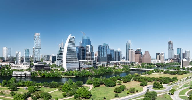 Austin, TX - 10 April 2025: Aerial panoramic skyline of Austin Texas from Butler Metro Park with latest construction