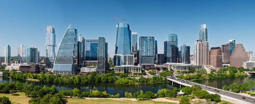 Austin, TX - 10 April 2025: Aerial panoramic skyline of Austin Texas from Butler Metro Park with latest construction