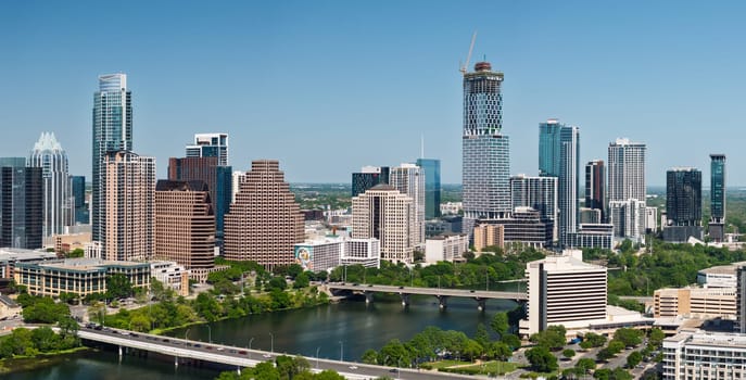 Austin, TX - 10 April 2025: Aerial panoramic skyline of Austin Texas from Butler Metro Park with latest construction