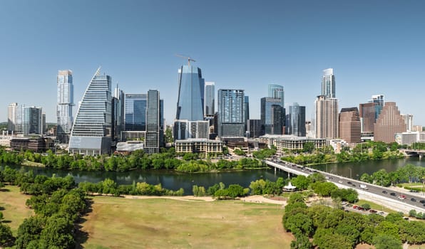 Austin, TX - 10 April 2025: Aerial panoramic skyline of Austin Texas from Butler Metro Park with latest construction