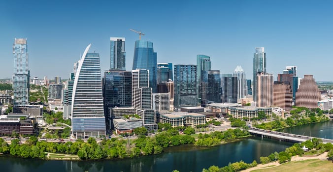 Austin, TX - 10 April 2025: Aerial panoramic skyline of Austin Texas from Butler Metro Park with latest construction