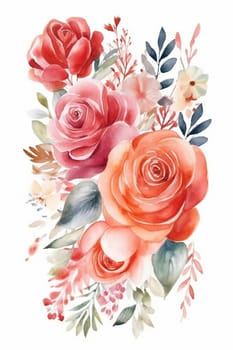 Red rose pastel watercolor painting on the white background, created with generative AI