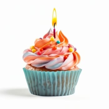 Sweet colorful birthday cupcake with candle on the white background, created with generative AI