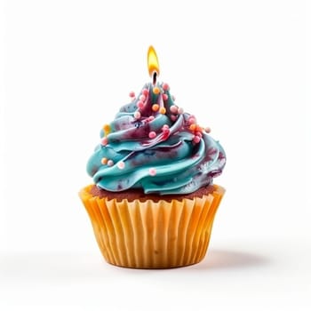 Sweet colorful birthday cupcake with candle on the white background, created with generative AI