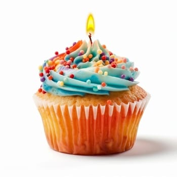 Sweet colorful birthday cupcake with candle on the white background, created with generative AI