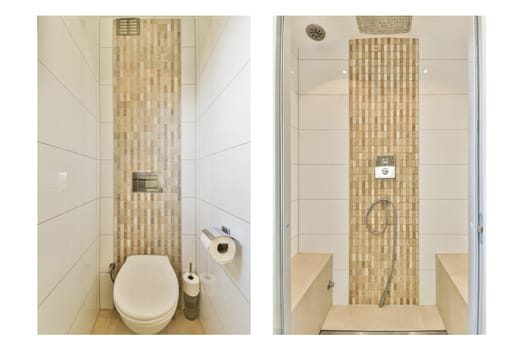Sleek modern bathroom showcasing a stylish shower area and toilet, highlighted by elegant tiled walls and contemporary fixtures that emphasize clean lines and simplicity.