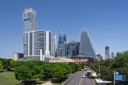 Austin Power plant building and modern office and apartments in skyline of Austin Texas