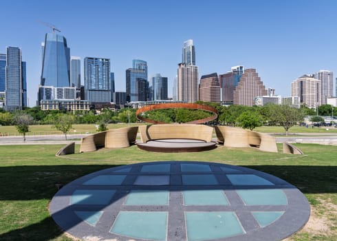 Austin, TX - 10 April 2025:Skyline of the downtown district seen from Auditorium shores plaza in Austin Texas