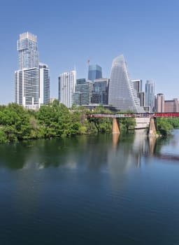 Austin, TX - 10 April 2025: Panoramic skyline of Austin Texas along Colorado River from west