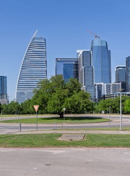 Austin, TX - 10 April 2025: Downtown City skyline with Google Block 185 and The Republic building under construction