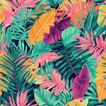 Colorful tropical plants seamless pattern with various shapes and shades create a lively and exotic feel, evoking a sense of paradise and adventure.