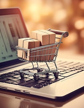 A digital shopping cart filled with boxes sits on a laptop keyboard, symbolizing e-commerce. Generative AI.