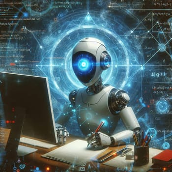 A humanoid robot sits at a desk, interacting with a computer, surrounded by a cosmic background filled with mathematical equations and scientific diagrams. Generative AI