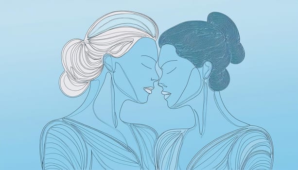 Abstract outlined homosexual women couple profiles facing each other in a minimalist blue design, symbolizing communication and connection. Gay couple LGBT+. Concept of free love. Generative AI