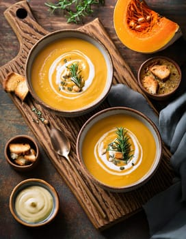 Two bowls of creamy pumpkin soup, topped with seeds and herbs, on a wooden board. Generative AI.