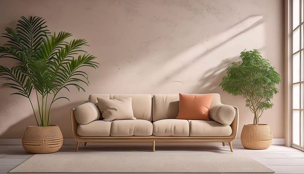 A modern living room with a beige sofa, large potted plants, and a marble wall. Generative AI.