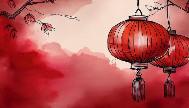 Two red Chinese lanterns hanging against a watercolor background. Generative AI.
