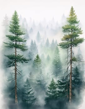 Misty forest with tall pine trees, painted in shades of green and blue. Generative AI.