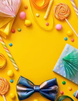 Colorful candies, lollipops, a green bow tie, and a wrapped gift on a vibrant yellow background, creating a festive and cheerful scene Generative AI
