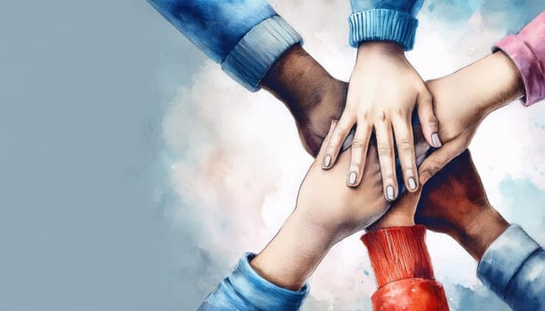 Hands of different colors overlapping in a circle, symbolizing unity and diversity Generative AI