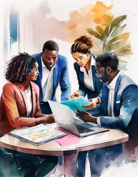 Group of business professionals collaborating at office desk, city skyline in background. Generative AI.